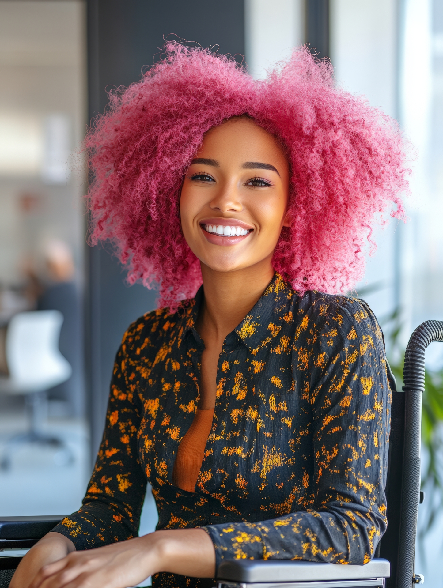 A smiling black female colleague with pink afro hair sits in a wheelchair, embodying joy in a bright, diverse office setting.