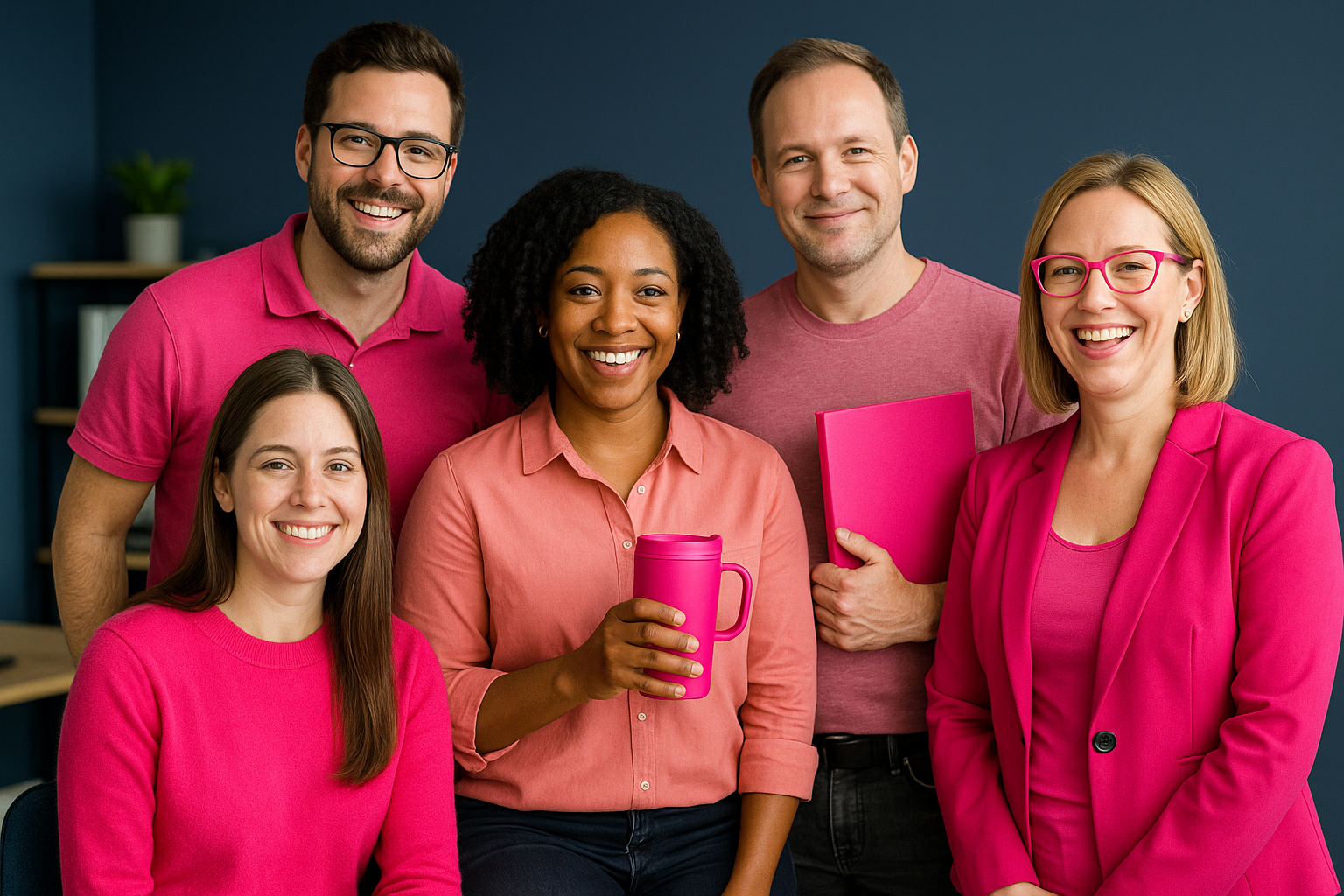 about us main image, office workers, some wearing pink.