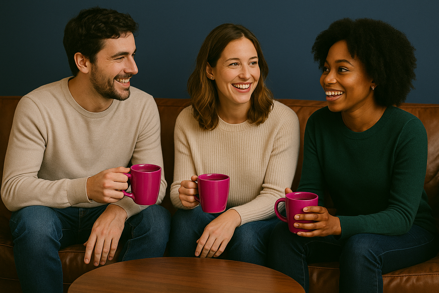 three friends talking in a coffee shop about what niche site they want to create with Quickstora.