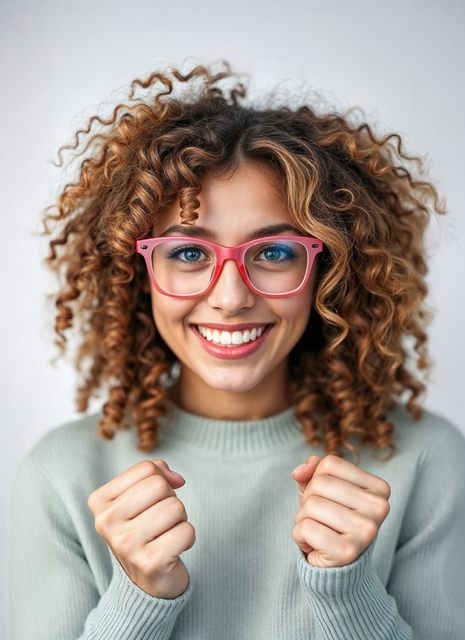 Portrait of a cheerful young woman with curly hair wearing pink eyeglasses smiling and showing fists