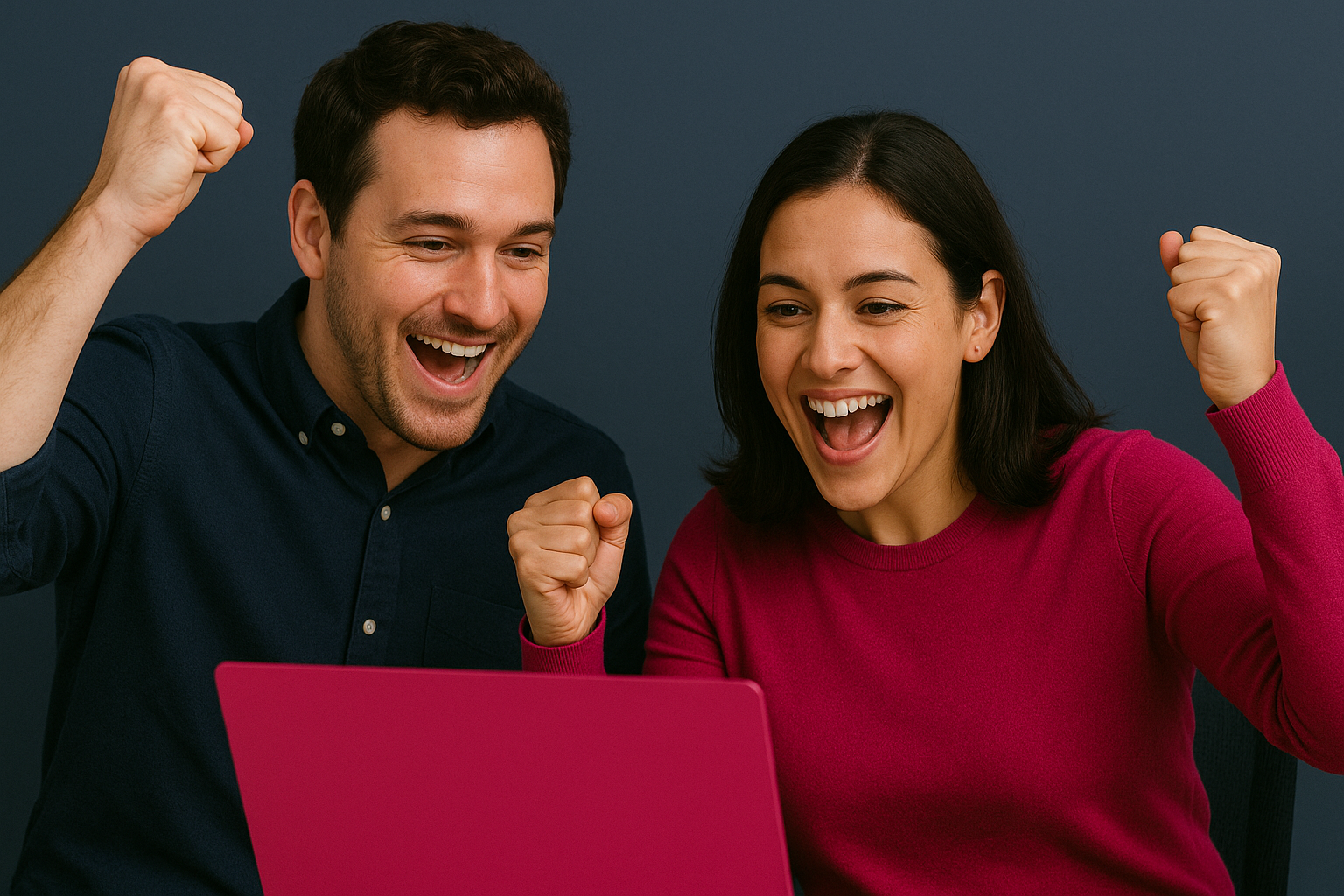 a man and woman cheering in front of a laptop excited by what's on screen, which is this case, is their awesome new website from Quickstora.